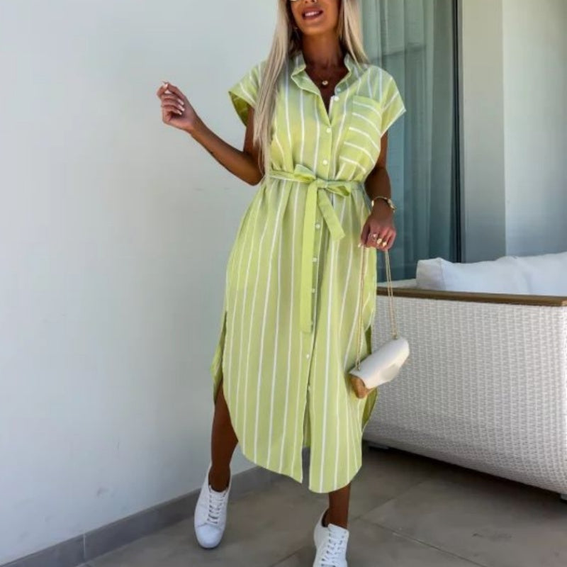 🔥Vestidos camiseros casuales con bolsillos de rayas para mujer-ES