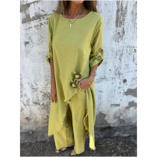 Conjunto de dos piezas de vestido y pantalón de algodón y lino para primavera y verano de 2025.-ES