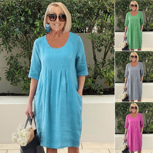 🔥Vestido midi de lino algodón lino monocromático💃-ES