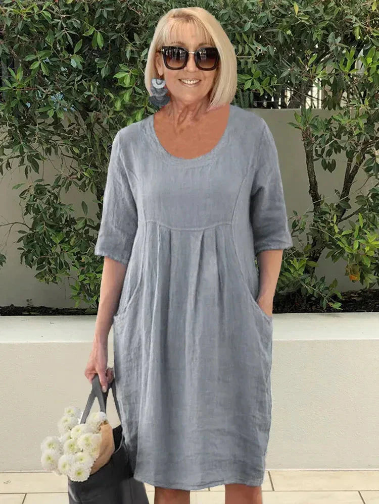 🔥Vestido midi de lino algodón lino monocromático💃-ES