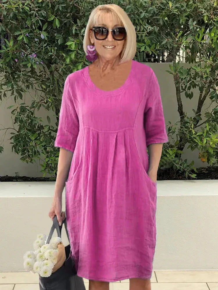 🔥Vestido midi de lino algodón lino monocromático💃-ES