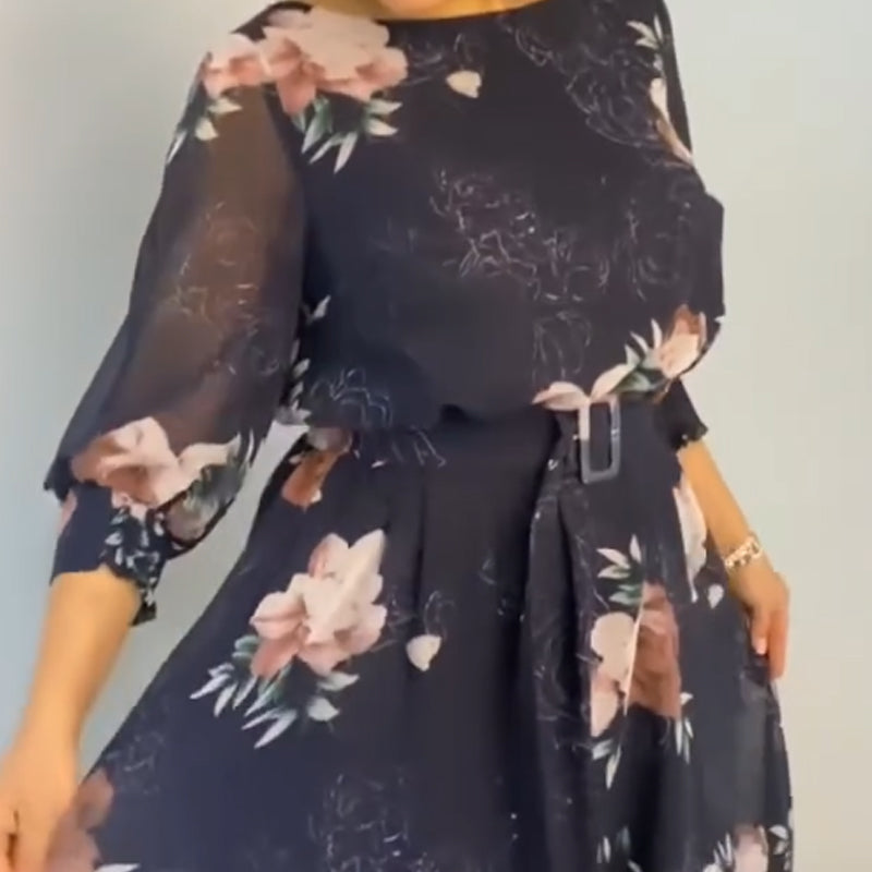 【S-4XL】🌺 Gėlėta apvalios iškirptės suknelė su diržu-LT