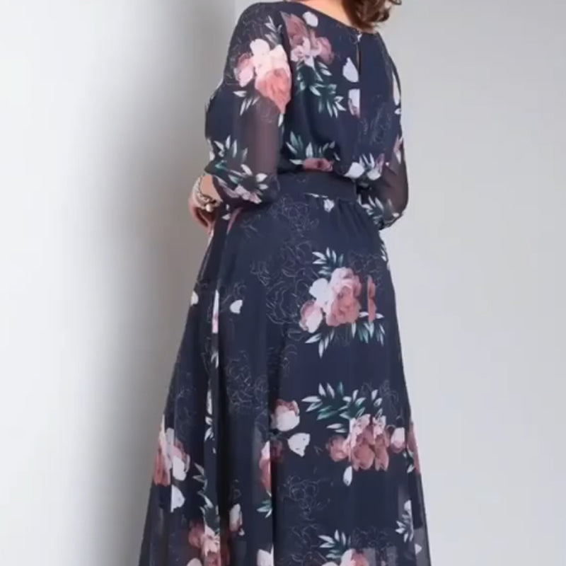 【S-4XL】🌺 Gėlėta apvalios iškirptės suknelė su diržu-LT
