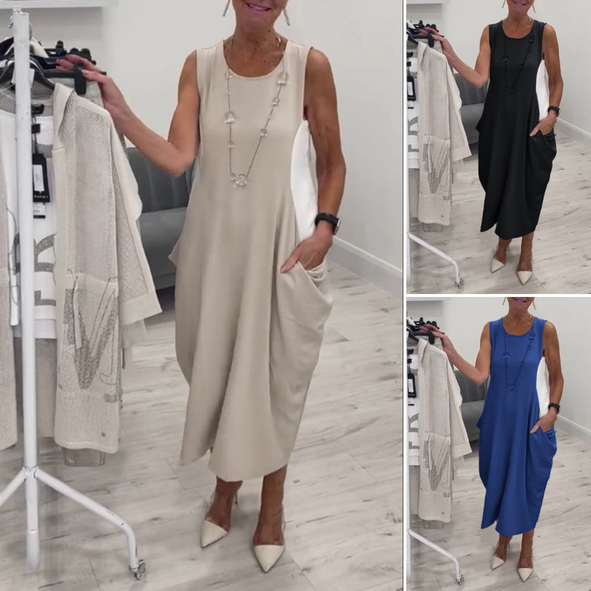 ✨Vestido sencillo de lino sin mangas con bolsillos-ES