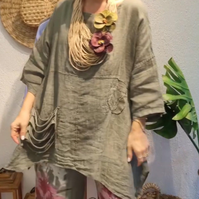 ✨Top de lino con bolsillos laterales para mujer de corte relajado-ES