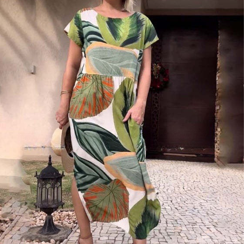 🌸 Vestidos de manga corta con abertura lateral y estampado de abertura lateral para mujer-ES