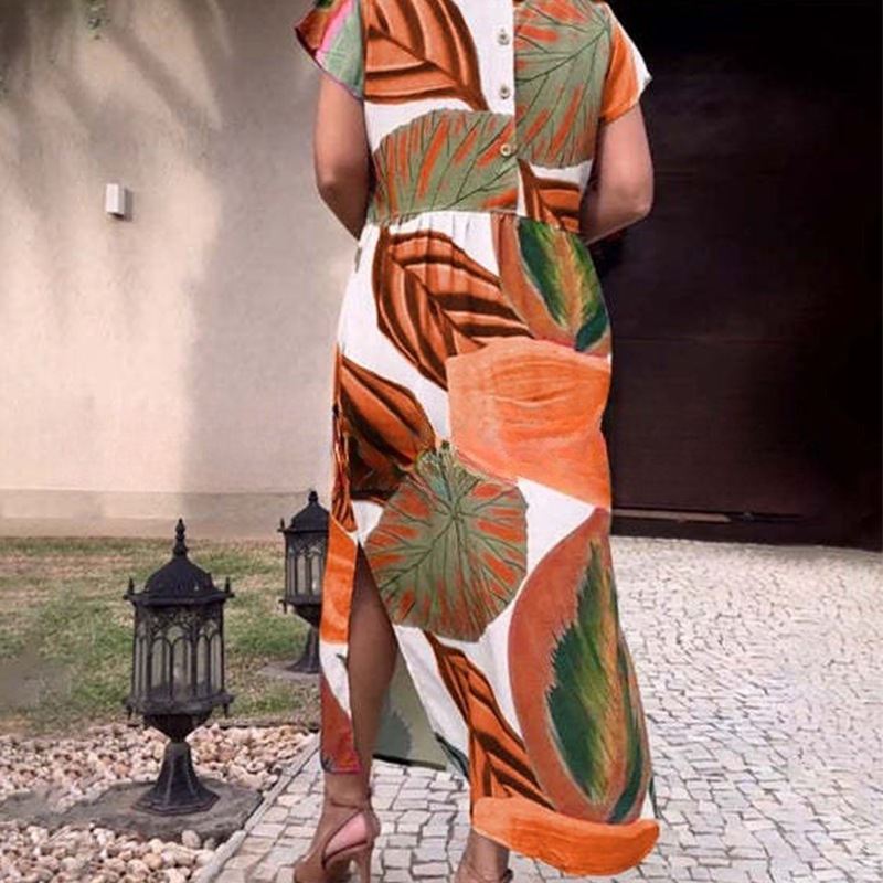 🌸 Vestidos de manga corta con abertura lateral y estampado de abertura lateral para mujer-ES