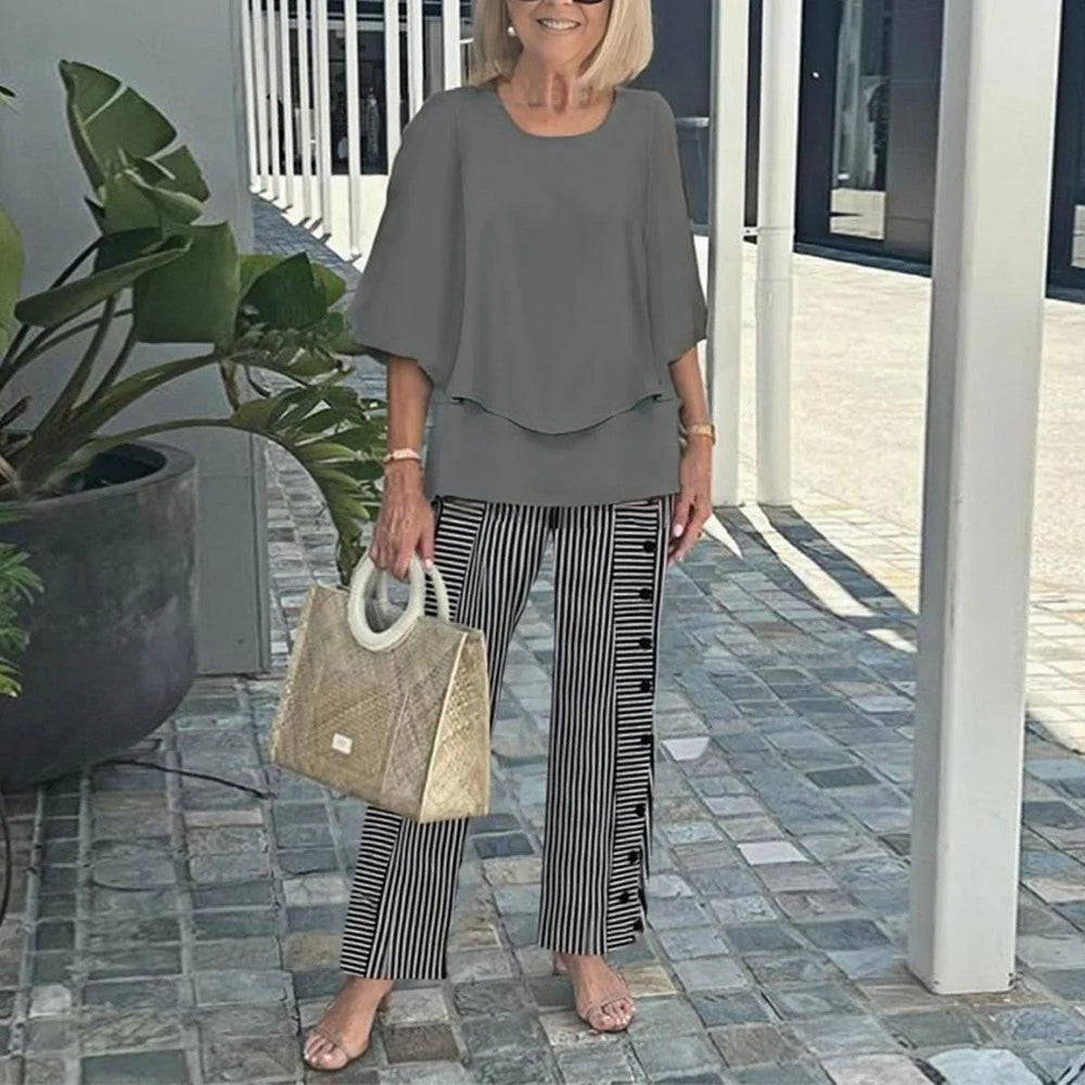 Conjunto de pantalón estampado de manga corta y cuello redondo casual para mujer-ES