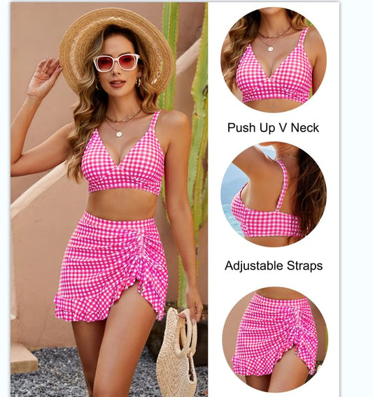 🔥👙Σετ μπικίνι με ψηλή μέση για γυναίκες με έλεγχο κοιλιάς και καρό💖-GR