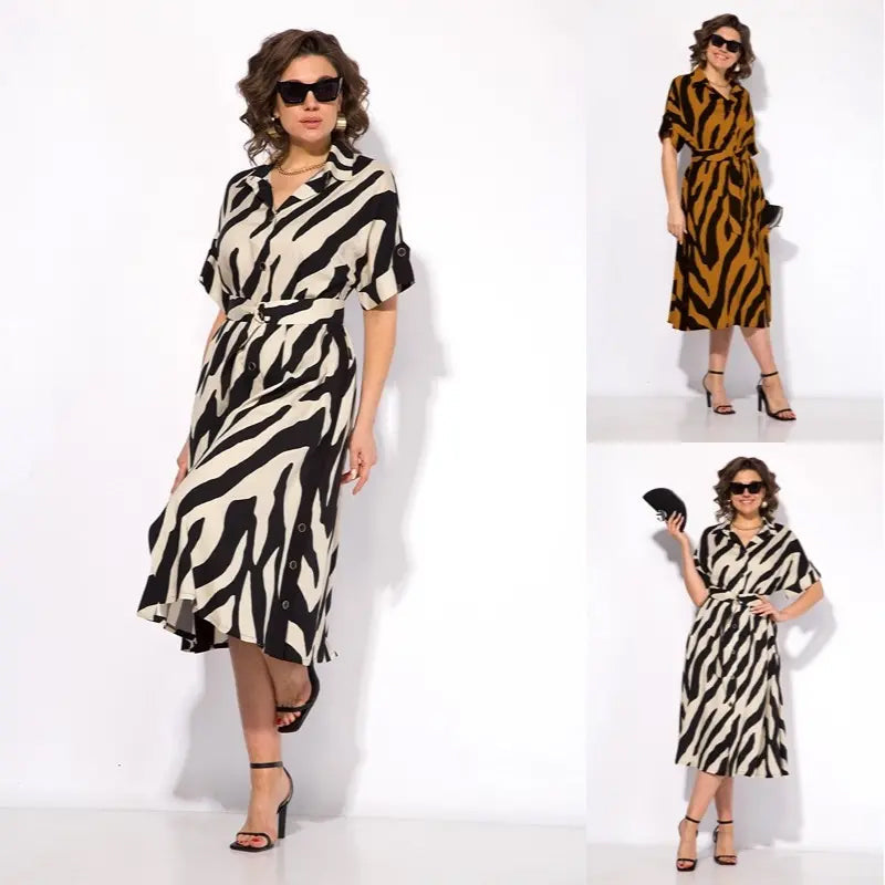✨🦓Vestido escote pico con rayas estampadas y cintura-ES