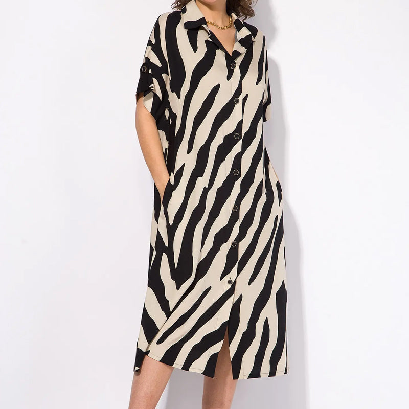 ✨🦓Vestido escote pico con rayas estampadas y cintura-ES