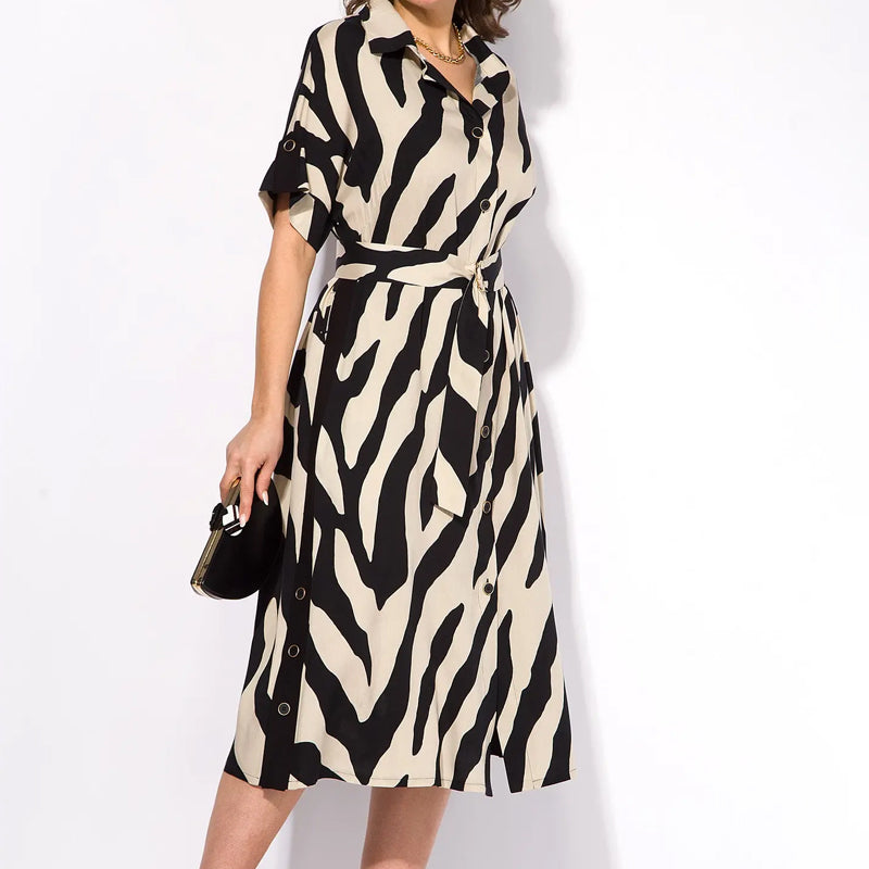 ✨🦓Vestido escote pico con rayas estampadas y cintura-ES