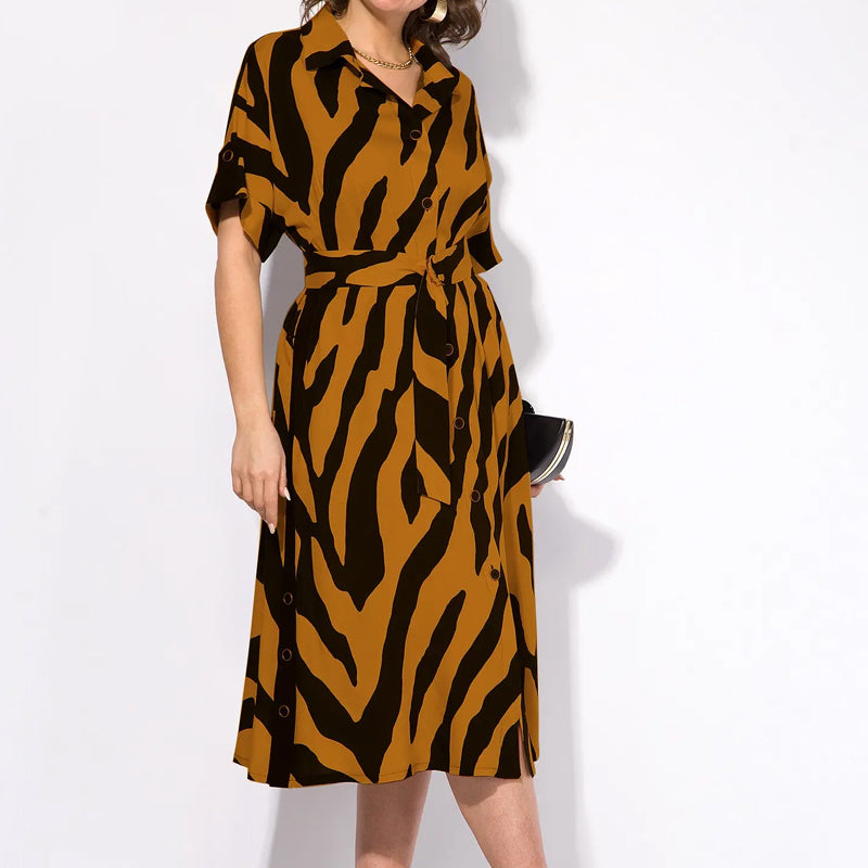 ✨🦓Vestido escote pico con rayas estampadas y cintura-ES