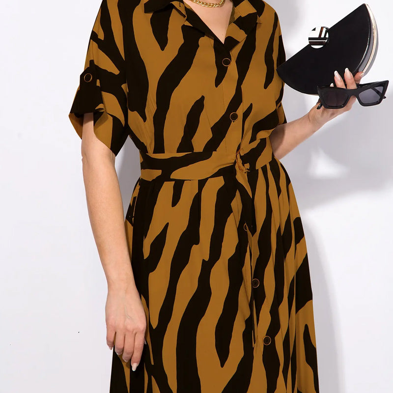 ✨🦓Vestido escote pico con rayas estampadas y cintura-ES