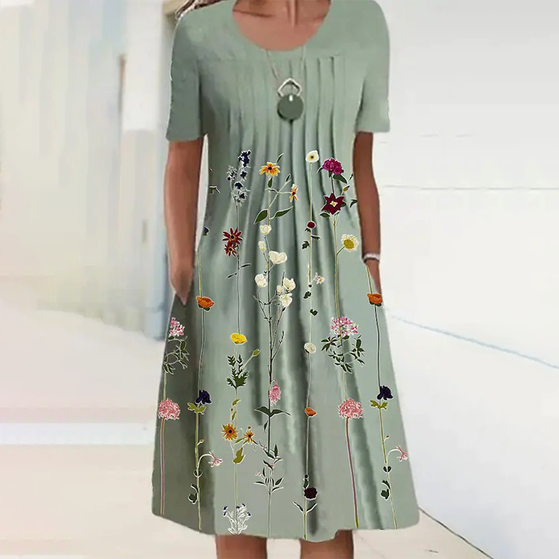 【S-3XL】👗Gėlėta suknelė su apvalia iškirpte-LT