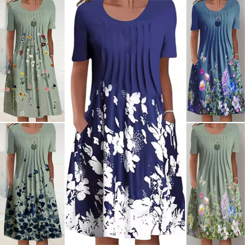 【S-3XL】👗Gėlėta suknelė su apvalia iškirpte-LT