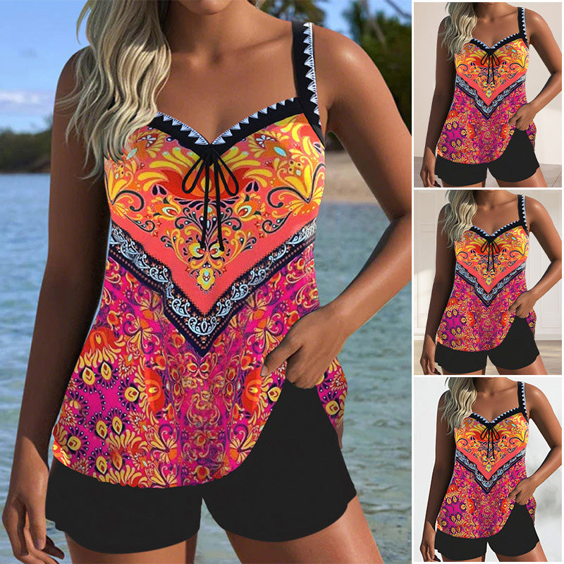 【S-3XL】👙Conjunto de top y pantalones cortos de traje de baño estampado-ES