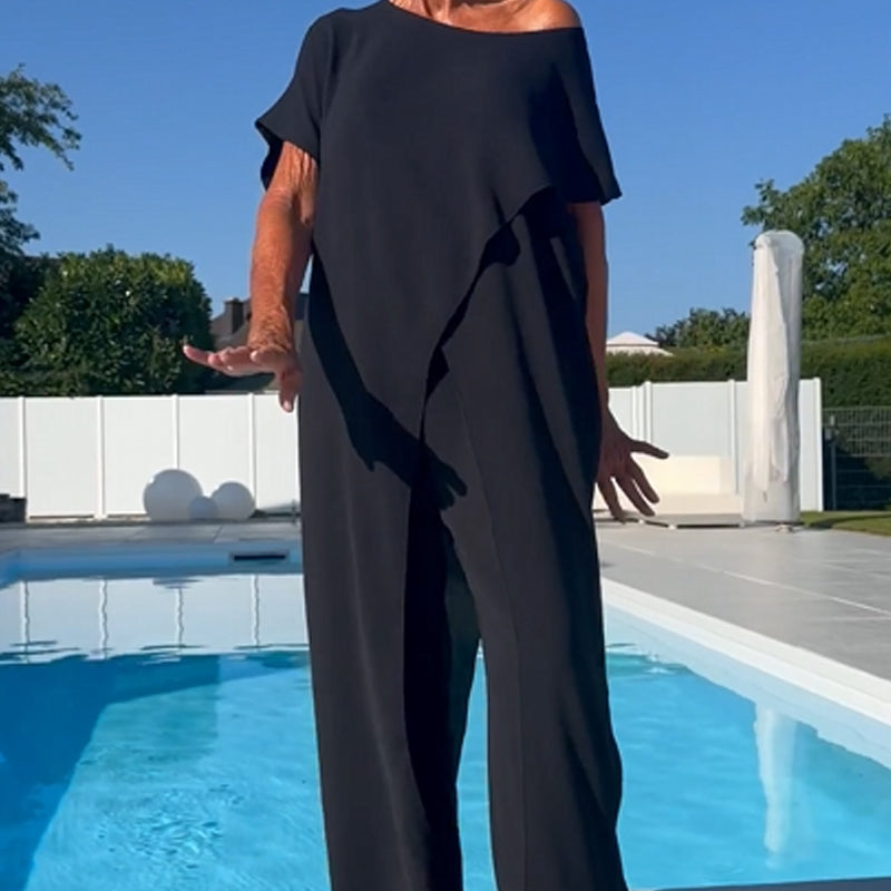 Conjunto de top y pantalón con hombros descubiertos en color liso-ES
