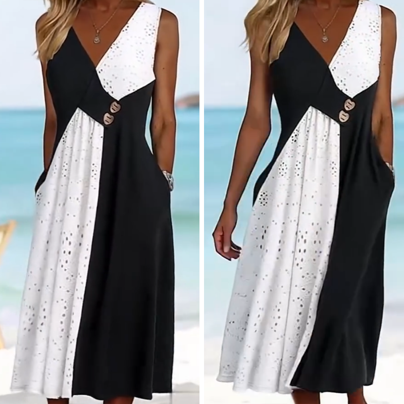 👗 Elegantna ženska obleka s srčkastim izrezom in modernim patchworkom-SI