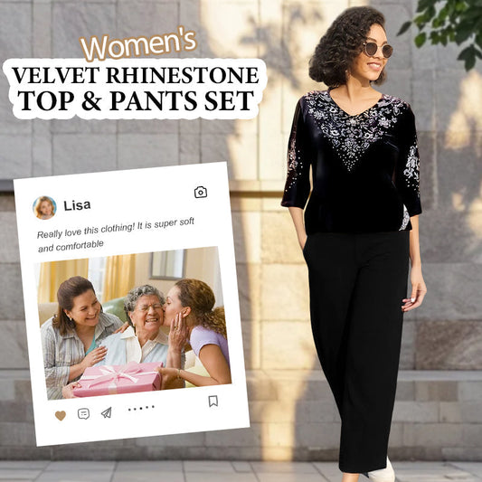 Conjunto de top y pantalón de terciopelo para mujer con pedrería--ES