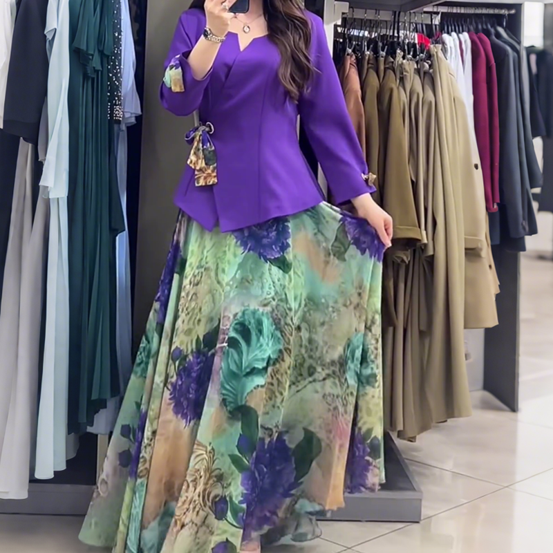 💜Elegante top y falda con motivos florales, conjunto de dos piezas-ES