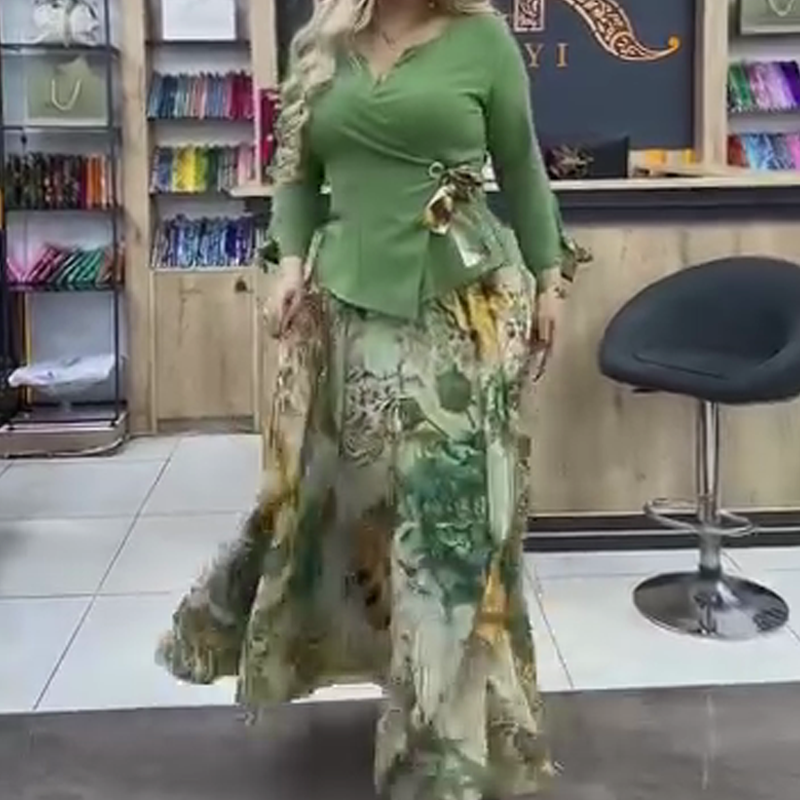 💜Elegante top y falda con motivos florales, conjunto de dos piezas-ES