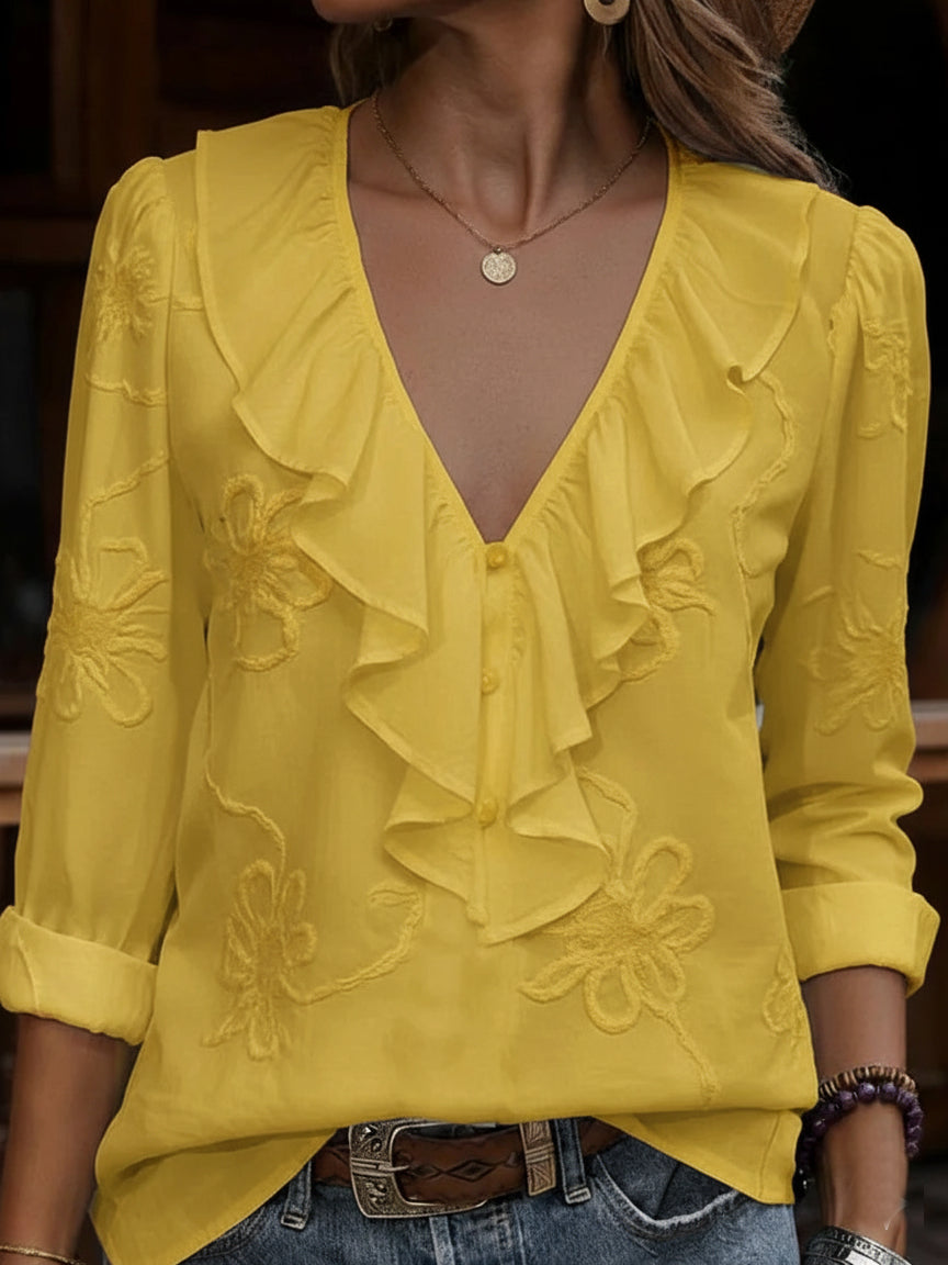 Vintažiniai raukiniai su V formos iškirpte ir siuvinėtomis gėlėmis-LT