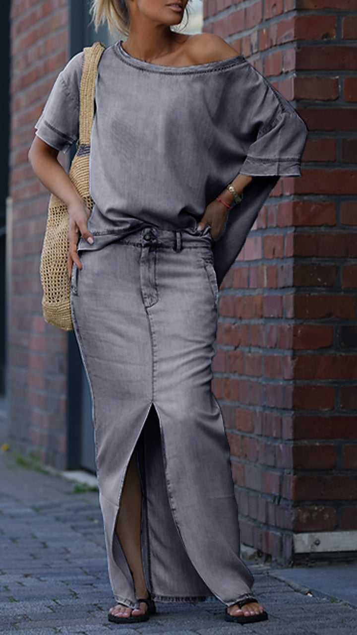 Traje casual de cuello redondo para mujer en denim Tencel-ES