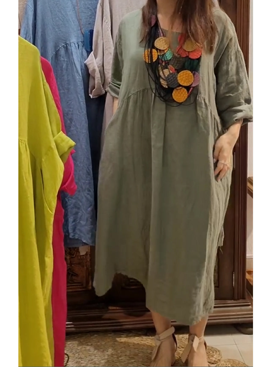 Vestido de bolsillo de algodón y lino para mujer-ES