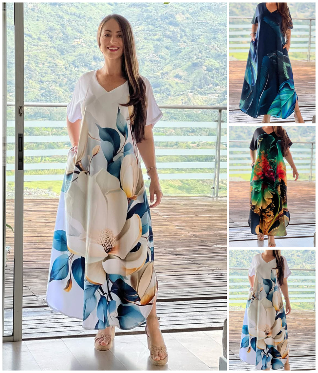 👗 Moteriška ilga suknelė su raštu ir V formos iškirpte-LT