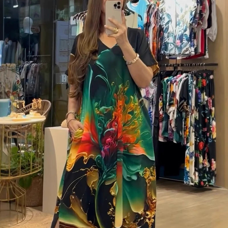 👗 Moteriška ilga suknelė su raštu ir V formos iškirpte-LT