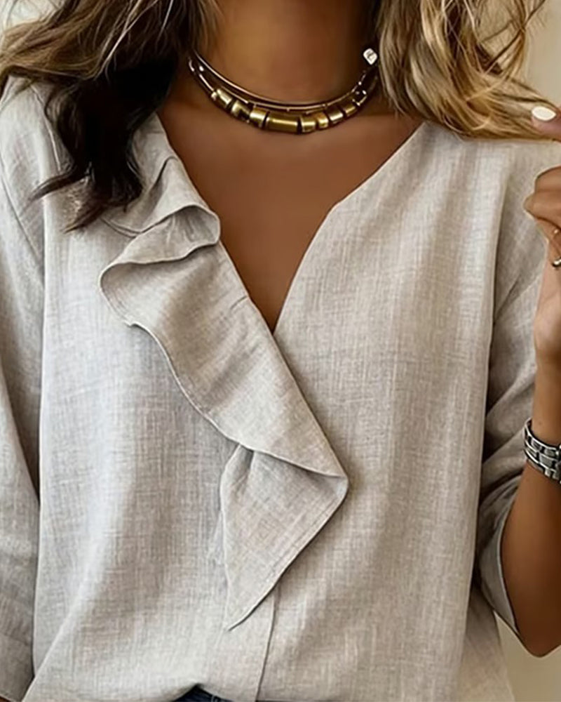 Vienspalvė ilgomis rankovėmis palaidinė su raukiniais-LT