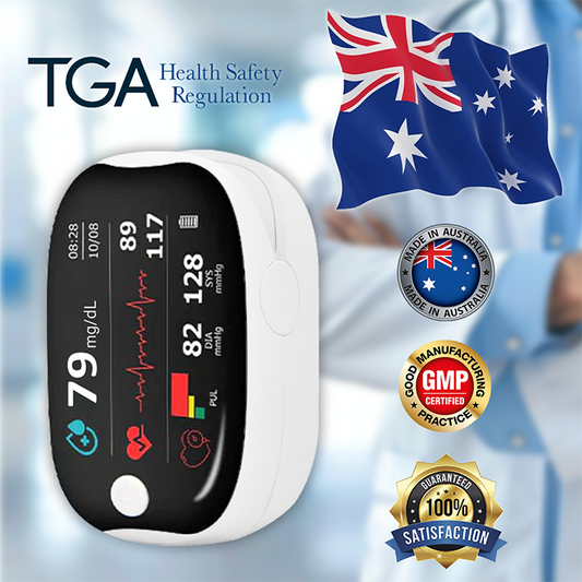 【🎁Praznična ponudba🎄】Pulzni oksimeter GlucoSense za prst s sponko - angleška različica (štiribarvna LED)-SI