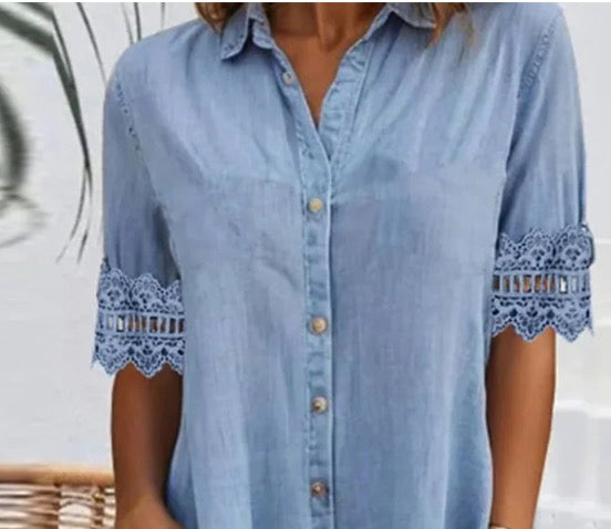 ⏳Vestido recto azul con cuello y ribete de encaje en estilo jeans mini-ES
