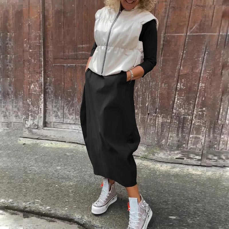 Paprasta elegantiška suknelė moterims su kišenėmis-LT