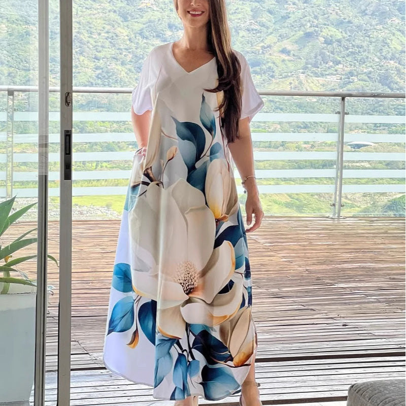 Vestido holgado e informal de mujer con escote en V, estampado y mangas cortas.-ES