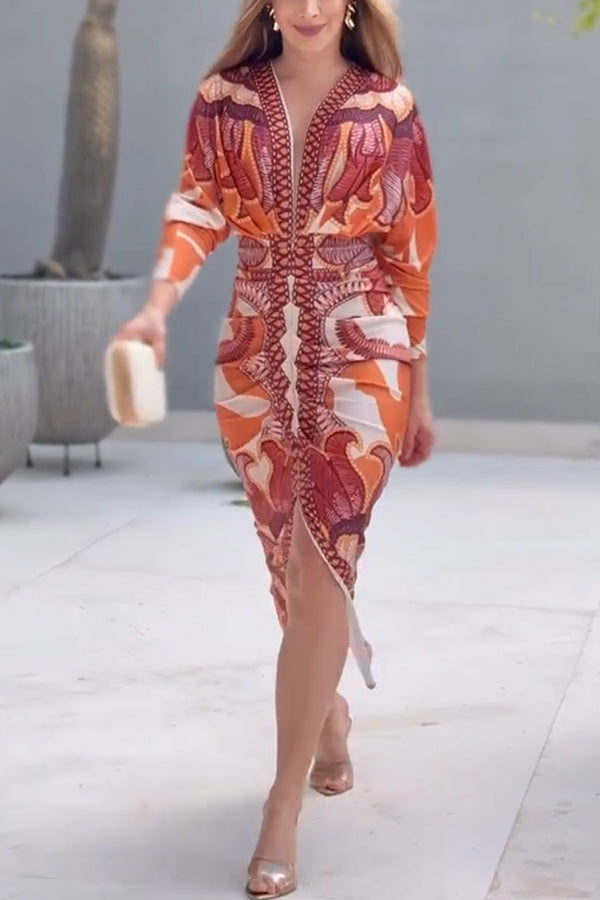 Vestido midi brasileño único con estampado de murciélago y mangas largas plisadas-ES