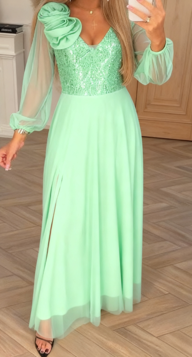 Obleka s čipkastimi rokavi, bleščicami in cvetličnimi okraski.-SI