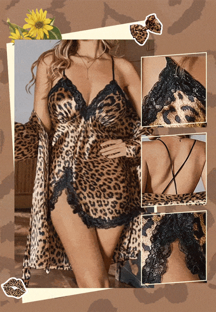 Seksi dvodelni komplet pižame z leopardjim vzorcem-SI