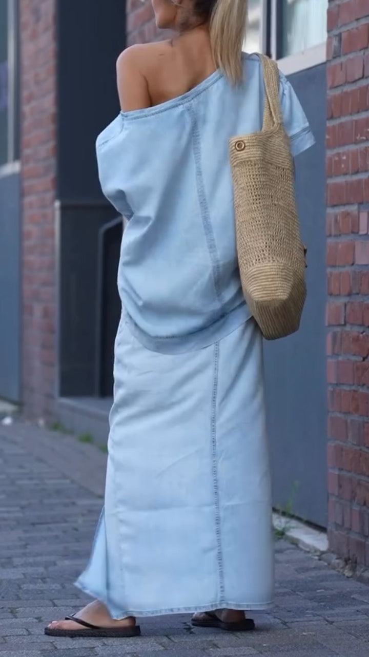 Traje casual de cuello redondo para mujer en denim Tencel-ES