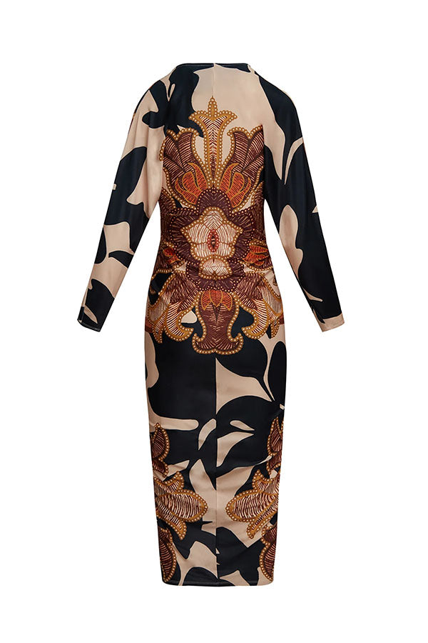 Vestido midi brasileño único con estampado de murciélago y mangas largas plisadas-ES