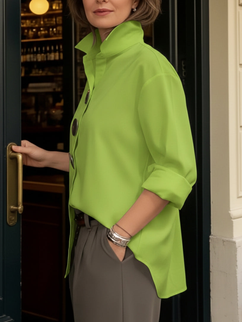 Κομψή μπλούζα από βαμβάκι και λινό με όρθιο γιακά και μεταλλικά κουμπιά-GR