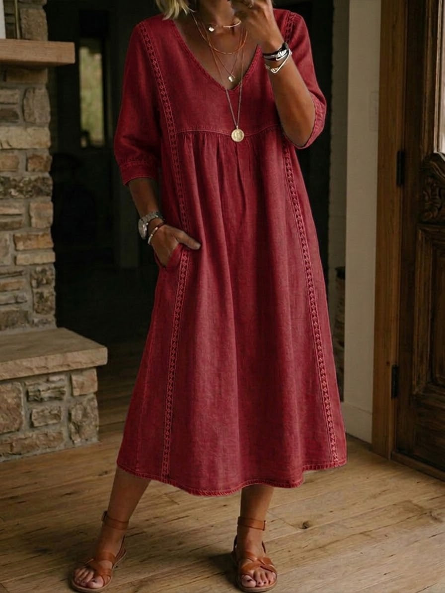 Laisva, kasdieniška suknelė iš lininio ir medvilninio audinio su nėrinių apdaila.-LT