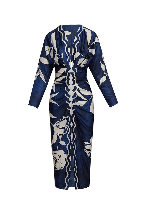 Vestido midi brasileño único con estampado de murciélago y mangas largas plisadas-ES