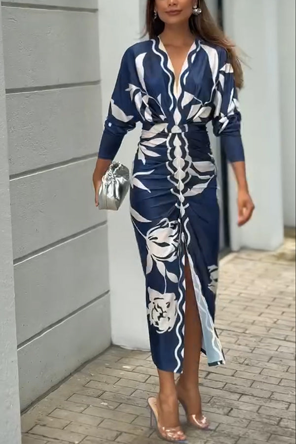Vestido midi brasileño único con estampado de murciélago y mangas largas plisadas-ES