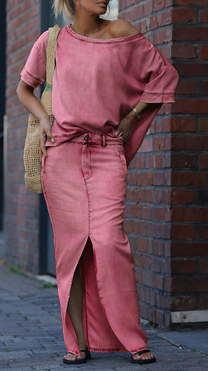 Traje casual de cuello redondo para mujer en denim Tencel-ES