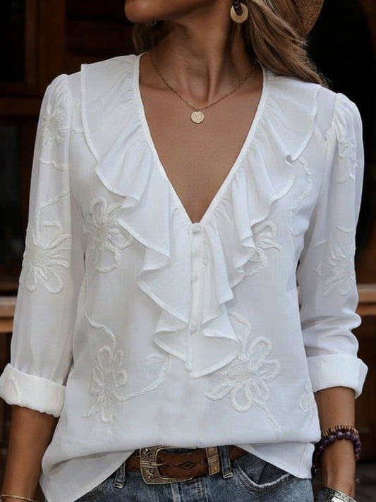 Camisa vintage con cuello en V y volantes con flores bordadas-ES
