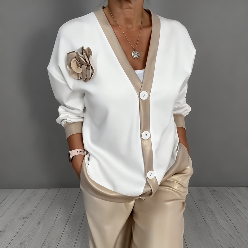 Γυναικείο σετ δύο τεμαχίων που αποτελείται από τοπ με V ντεκολτέ και παντελόνι με ψηλή μέση-GR