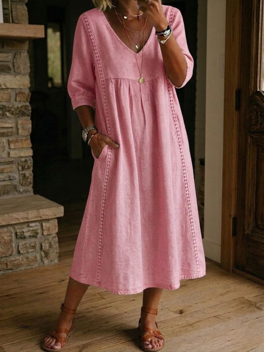 Laisva, kasdieniška suknelė iš lininio ir medvilninio audinio su nėrinių apdaila.-LT