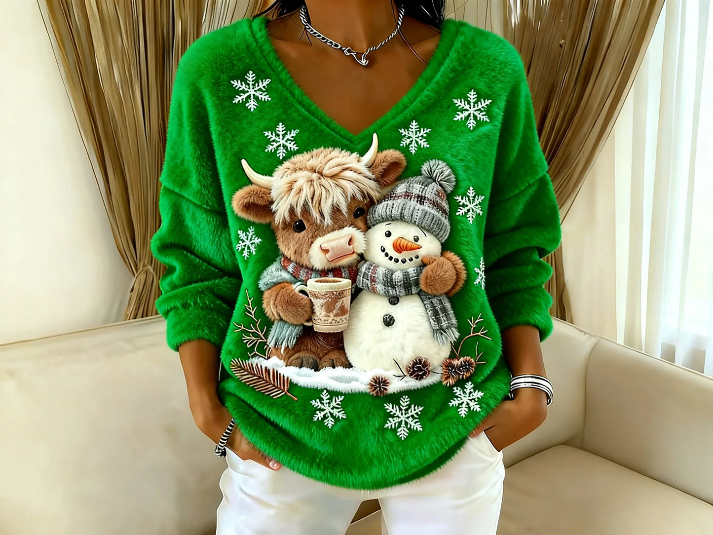 🔥Paskutinė 49 % nuolaidos diena🔥Moteriška palaidinė V formos iškirpte ir škotiškos ječio karvės raštu-LT